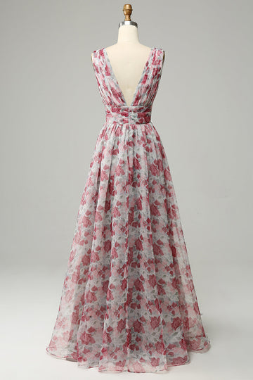 Vestido de Dama de Honor Largo Floral Gris Rosa